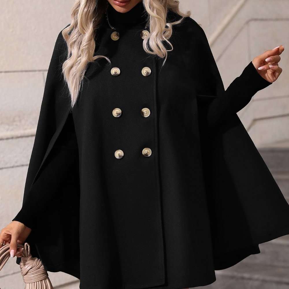 Black Preppy Womens Double Breasted Cloak Sleeve Cape Overcoat - Picture 2 of 7